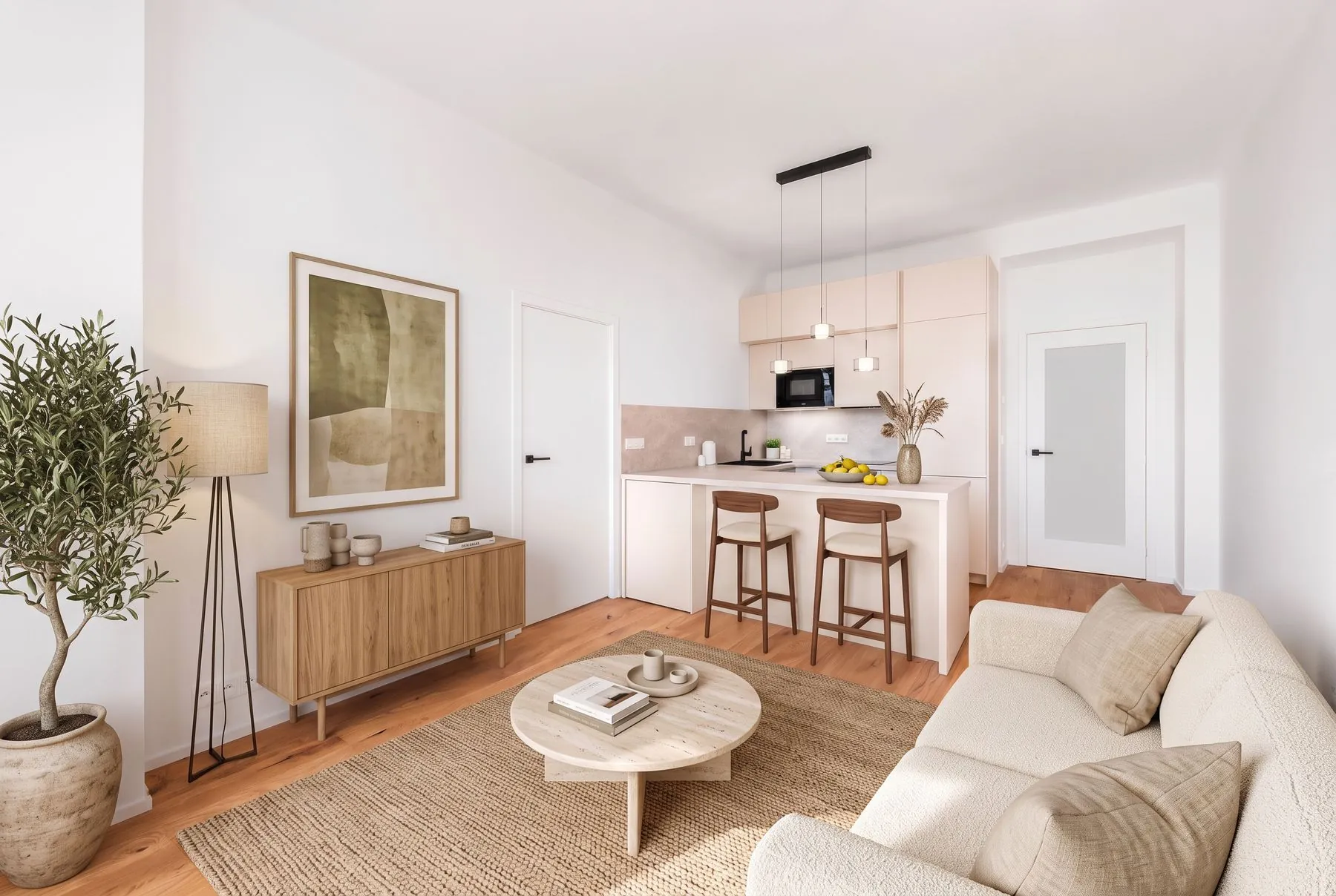 Obývací pokoj s kuchyní po home stagingu